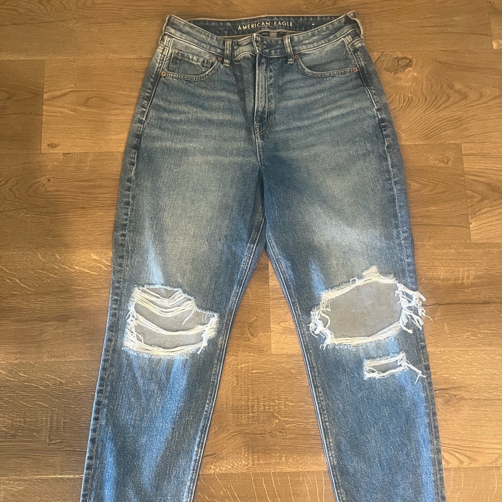 American Eagle Outfitters Blue Straight Leg Jeans with Distressed Details